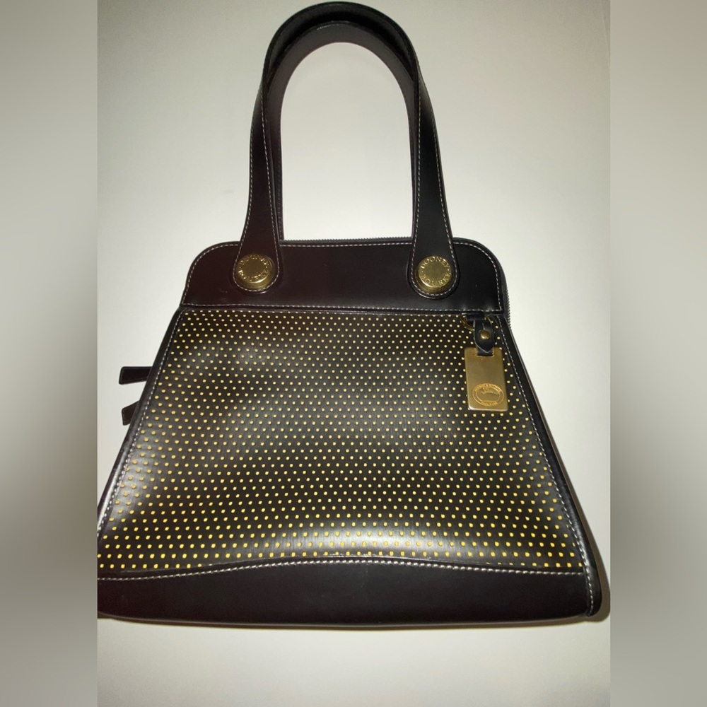 Dooney and Bourke Navy and Gold Polkadot Satchel Shoulder Bag. # A 2057407 NWOT